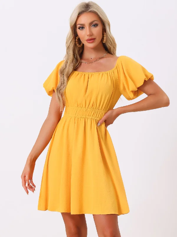 Flutter-Sleeve DressOff Shoulder Puff Sleeve Solid Color Mini Dress