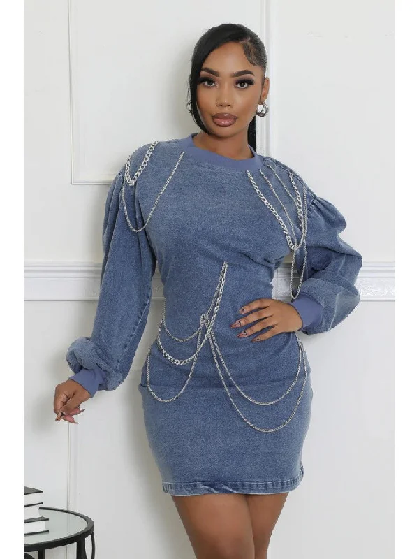 women's bespoke dressesMineral Washed Chain Patch Denim Mini Dress