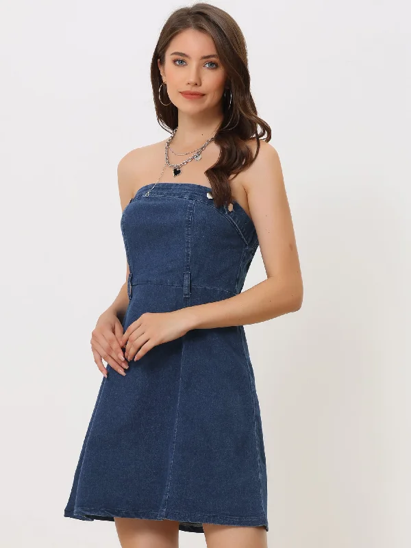 women's wrap dressesStylish Stapless Sleeveless Tube Denim Mini Dress