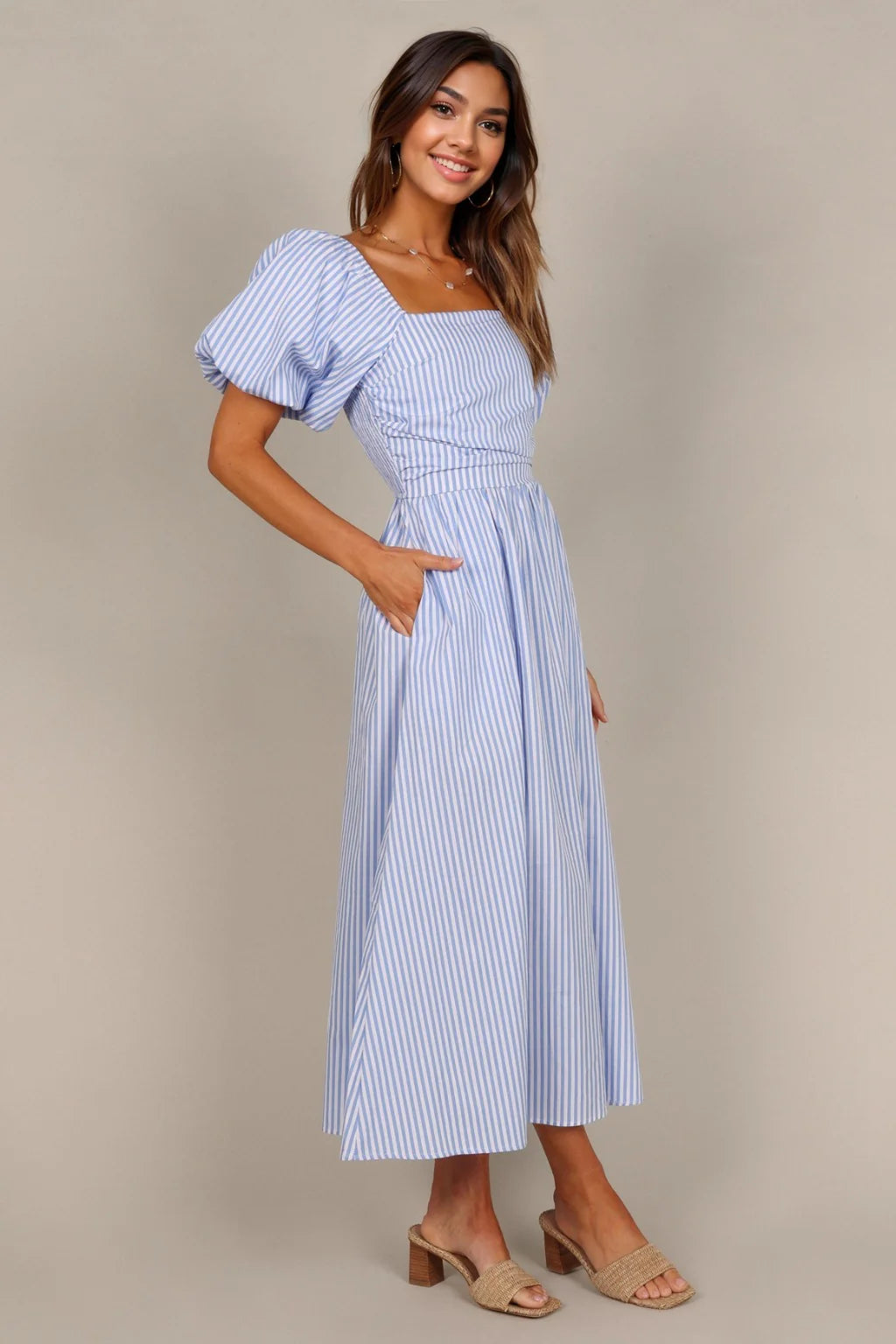 Plunging Neckline DressClo Puff Sleeve Maxi Dress - Blue Stripe