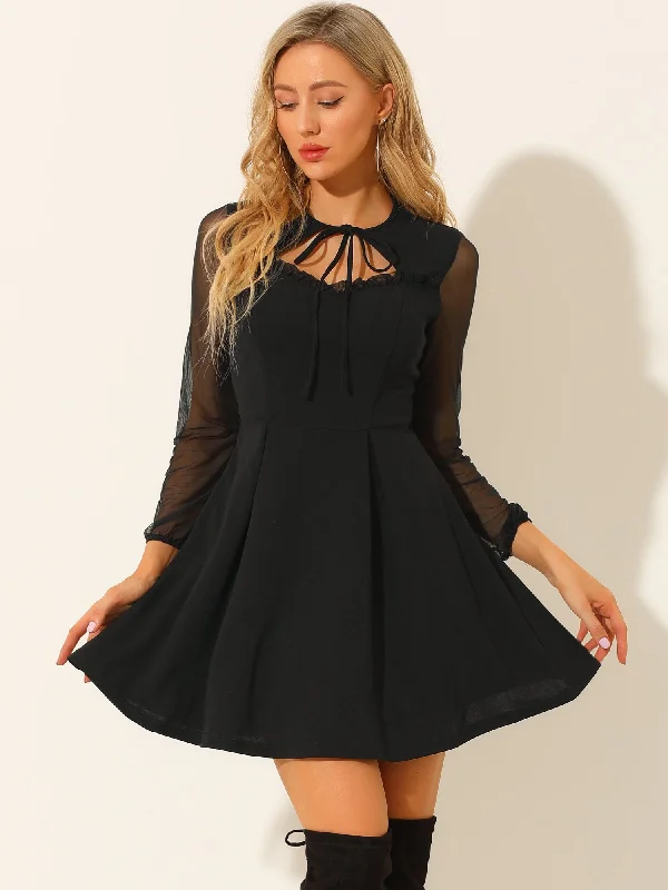 women's sustainable dressesRetro Tie Neck Sweetheart A-Line Gothic Mesh Sleeve Mini Dress