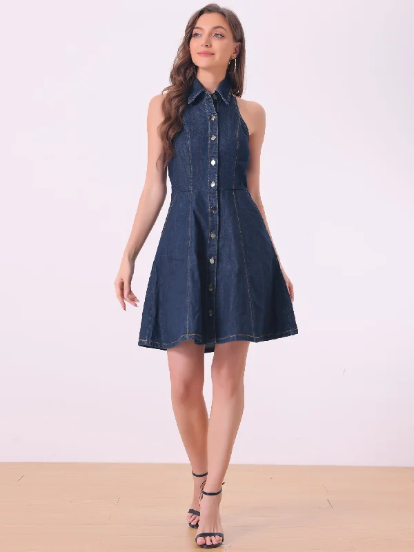 Body-Hugging DressDenim Halter Neck Button Down Backless A-Line Mini Shirt Dress