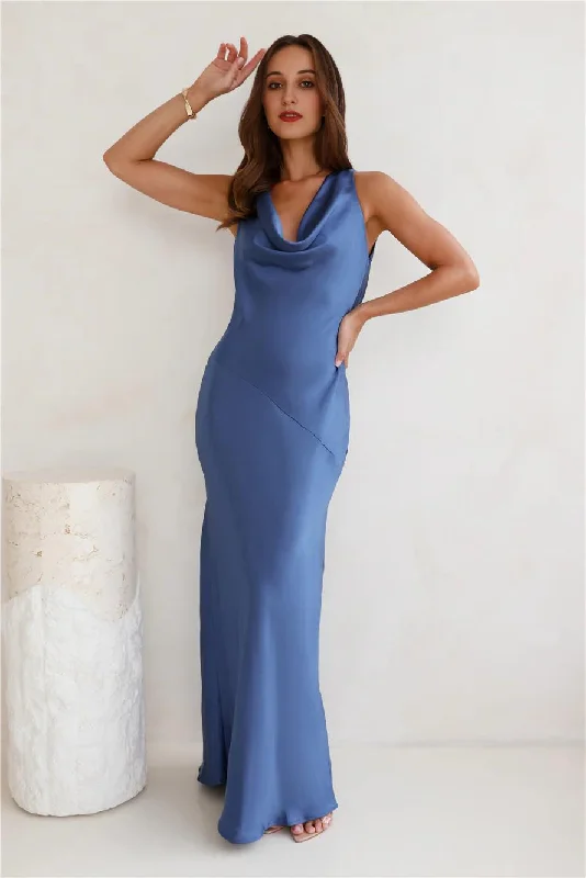 women's apple-shaped body dressesSeen For You Cowl Neck Satin Maxi Dress Navy