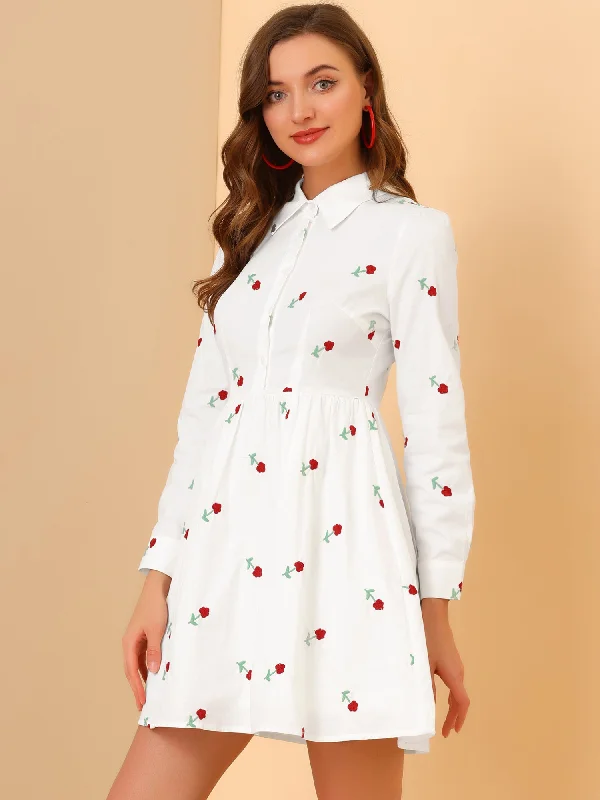 women's cinched-waist dressesCasual Long Sleeve Half Placket Embroidered Floral Mini Shirt Dress