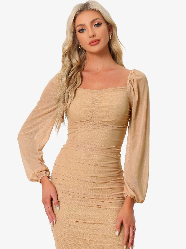 Casual DressBodycon Long Puff Sleeve Mini Mesh Ruched Solid Lace Up Party Dress