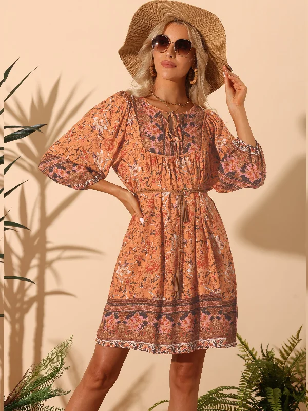 women's lace dressesBoho Floral Casual 3/4 Sleeve Loose Short Mini Beach Dress