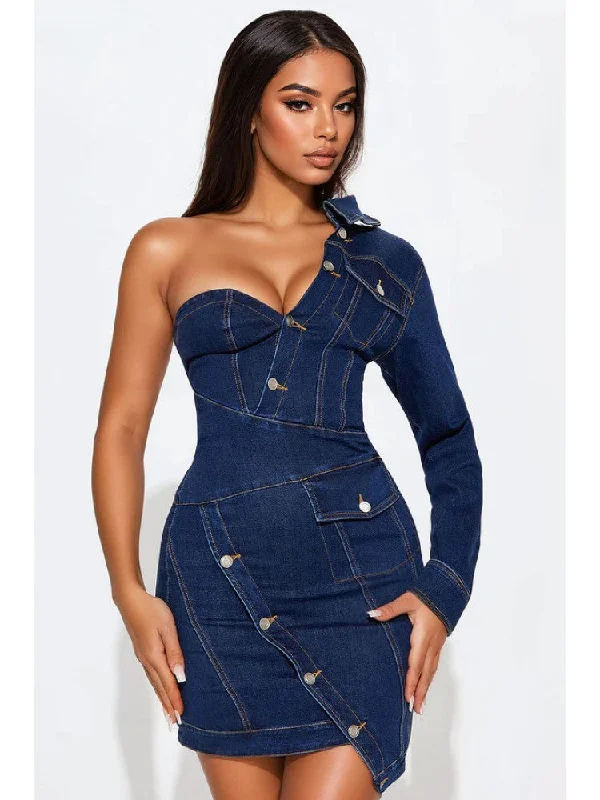 Casual DressDenim One Shoulder Lapel Mini Dress