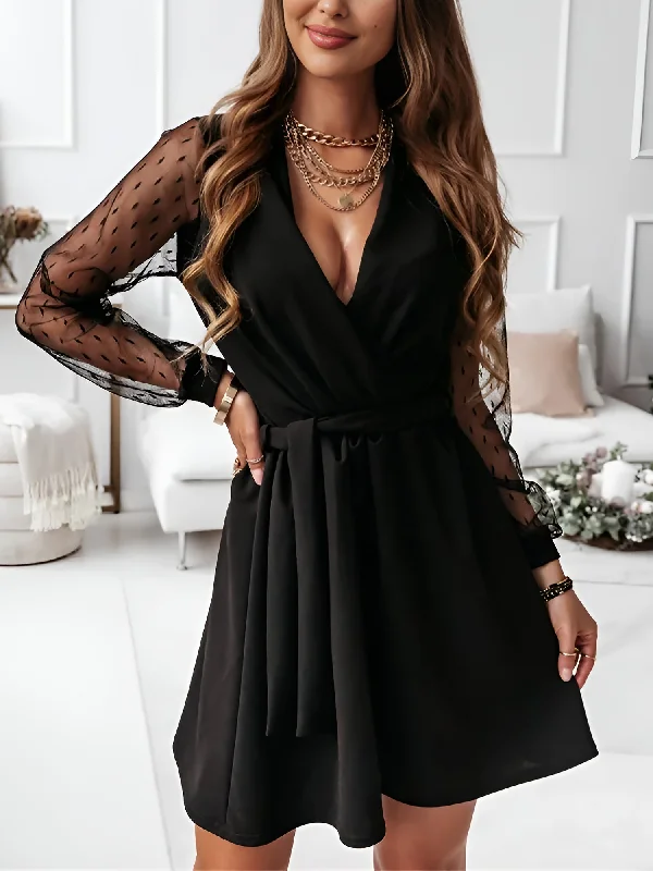 Petite DressLace Long Sleeves Patchwork A-Line Belted Mini Dress