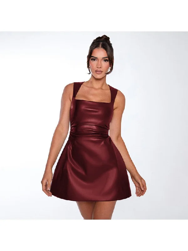 Bohemian DressRuched Square Neck PU Sleeveless Mini Dress