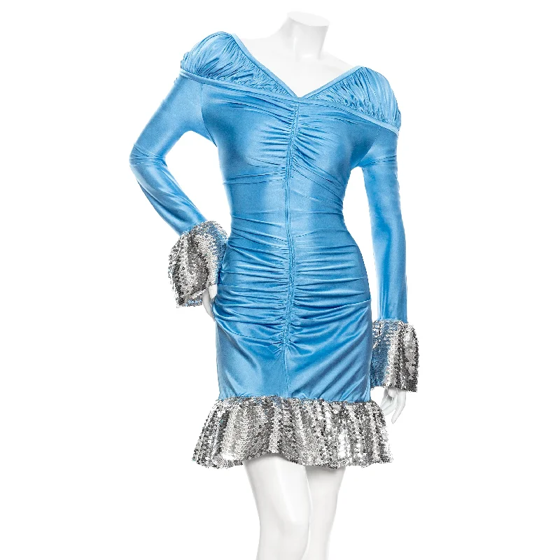 women's bell-sleeved dressesBlue Viscose-Blend Ruched Sequin Mini Dress