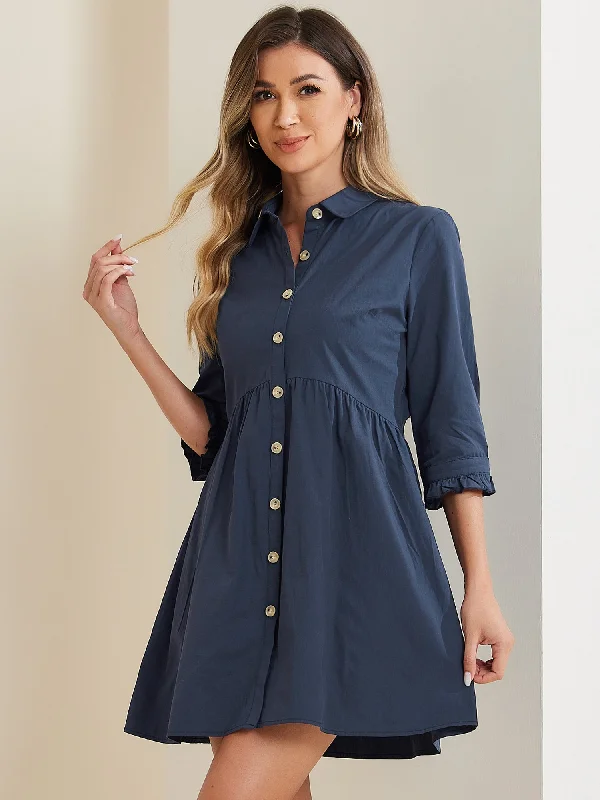 Pastel DressRuched 3/4 Sleeve Button Up Casual Mini Shirt Dress