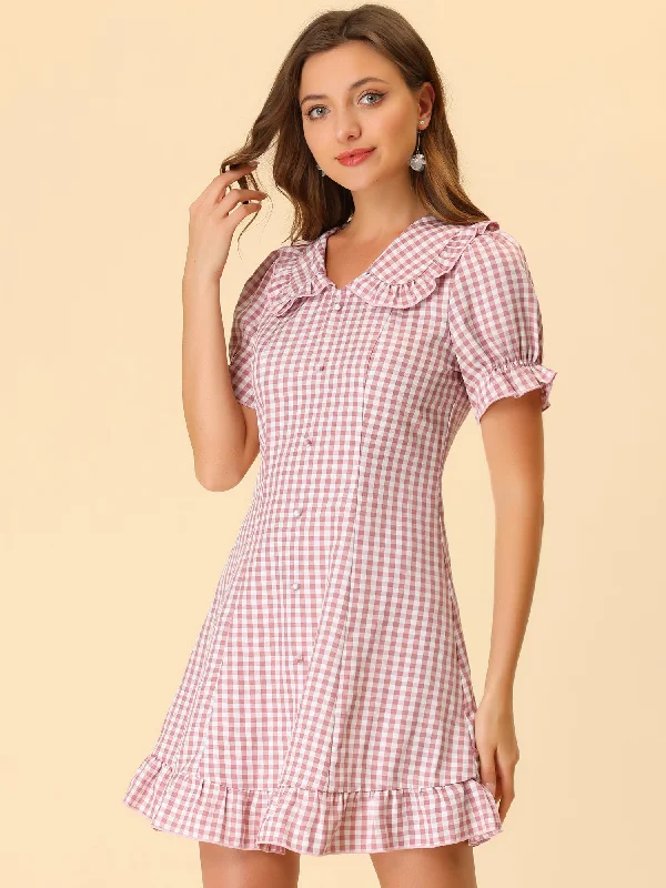 women's pear-shaped body dressesGingham Checks Ruffled Peter Pan Collar 1960s Vintage Mini Dress