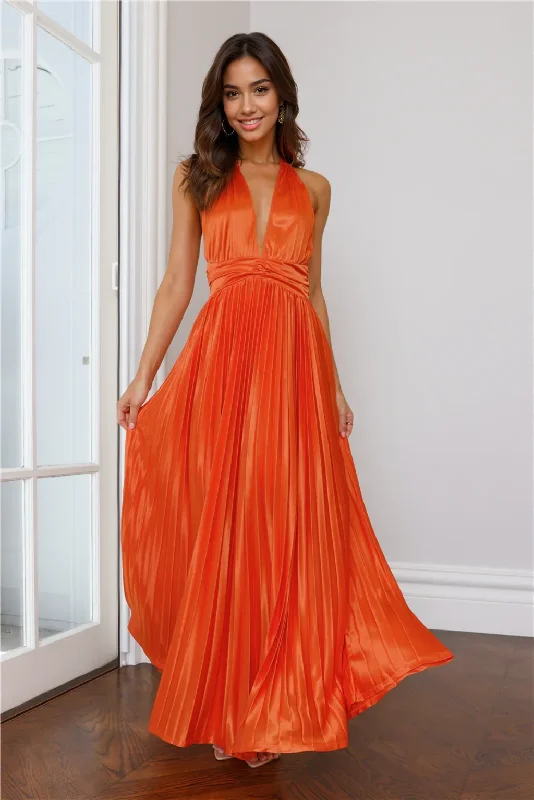 women's statement dressesShimmering Sea Pleated Halter Maxi Dress Orange