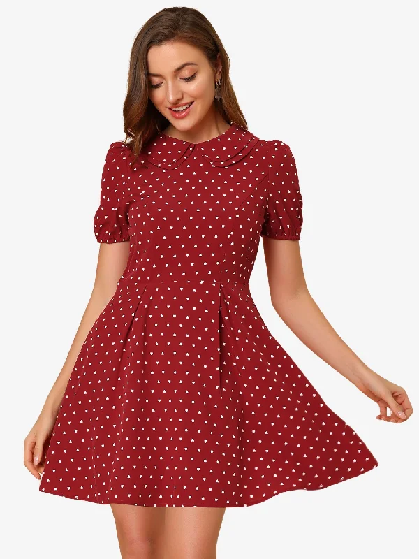 women's retro dressesHeart Print Short Sleeve A-Line Peter Pan Collar Mini Dress