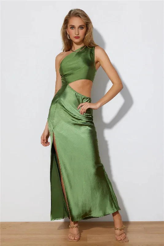 women's lace-up dressesPoker Faced Satin Maxi Dress Green