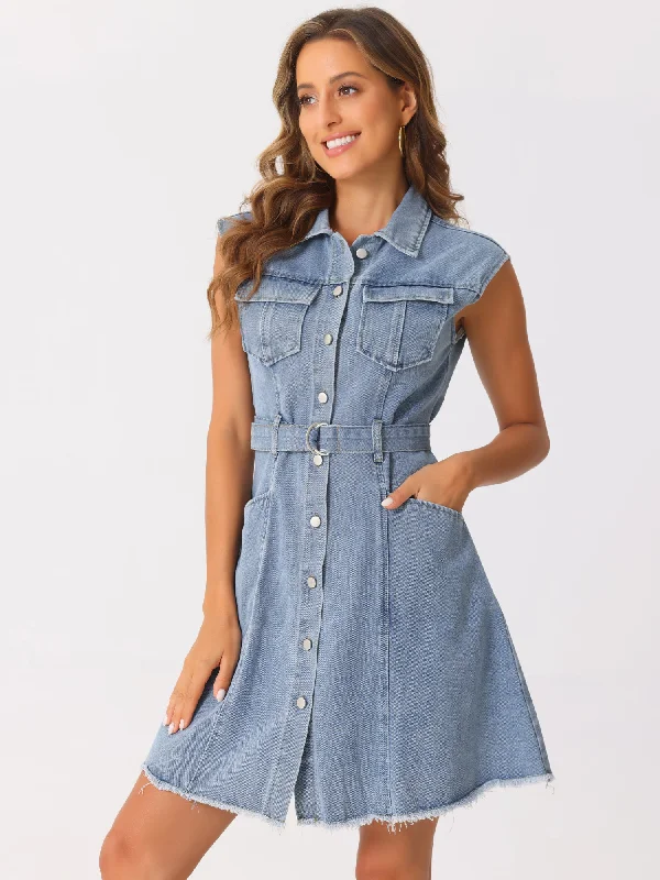 women's prom dressesDenim Button Down Lapel Belted A-Line Pockets Mini Shirt Dress