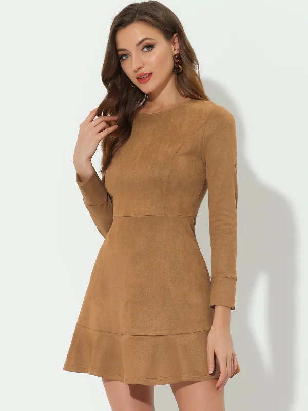 women's curve-hugging dressesFaux Suede Round Neck Long Sleeve Ruffle Hem Party Mini Dress