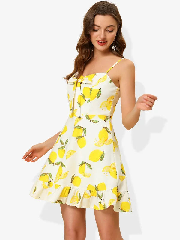 women's versatile dressesRuffle Bow Knot Mini Sundress Lemon Spaghetti Strap Dress