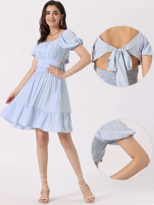 women's vacation dressesSmocked Summer Casual Bow Tie Back Ruffle A-Line Mini Dress