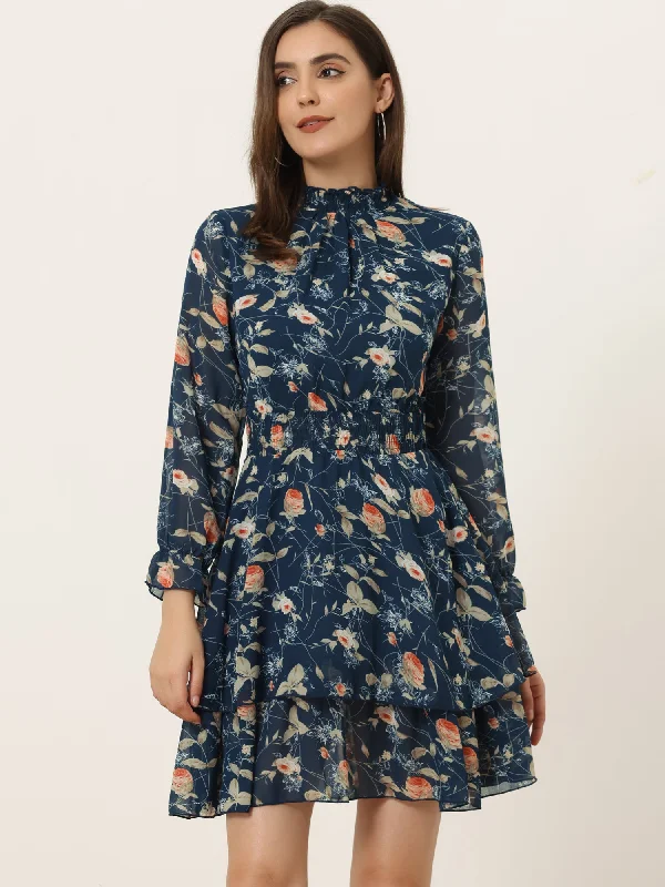 Off-The-Shoulder DressFloral Chiffon Long Sleeve Mock Neck Ruffle Layered Mini Dress