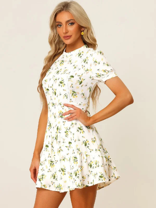 Bridesmaid DressFloral Printed Short Sleeve Self Tie Summer Mini Dress