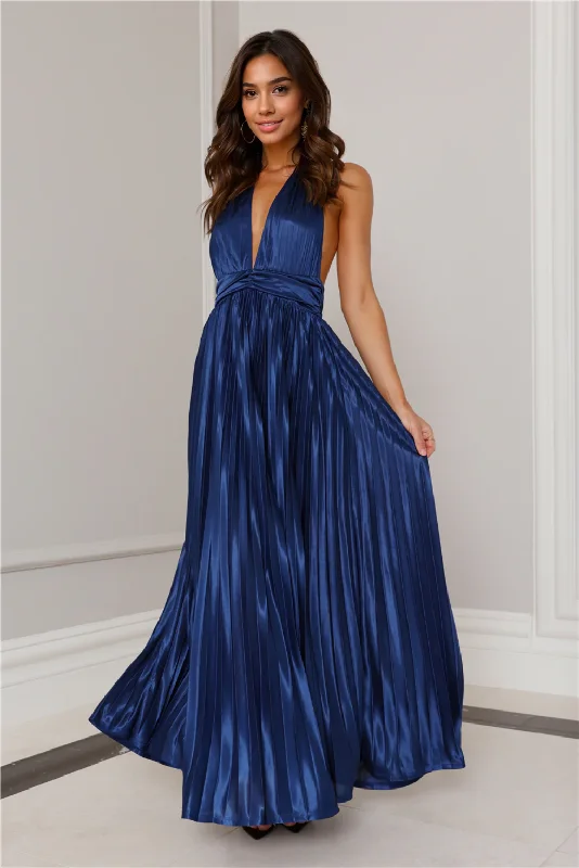 women's bell-sleeved dressesShimmering Sea Pleated Halter Maxi Dress Navy