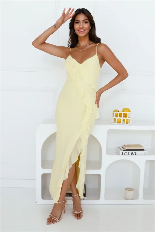 women's solid color dressesFlaunt It Girl Frill Mesh Maxi Dress Yellow