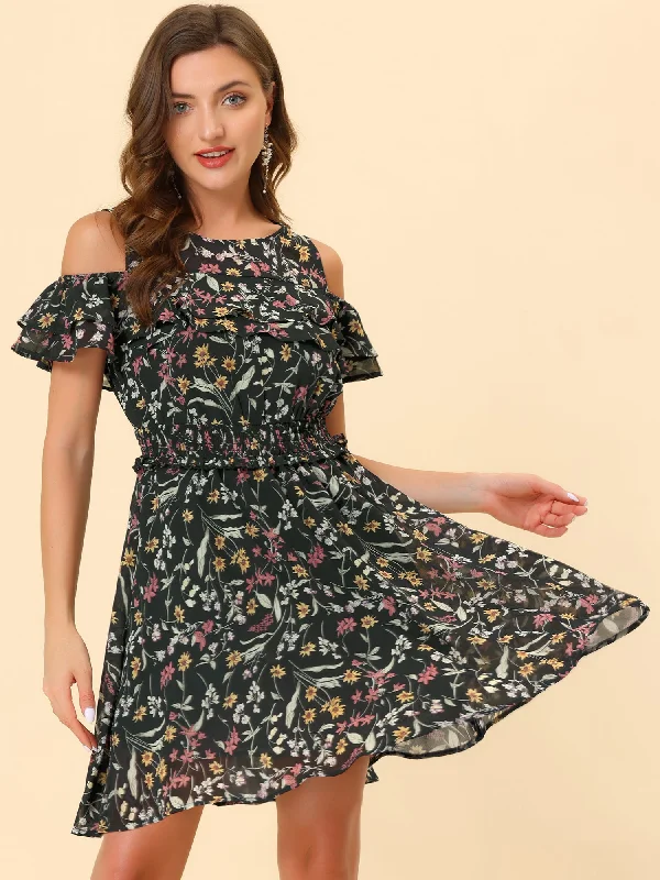 women's body-skimming dressesCold Shoulder Summer Smocked Waist Chiffon Floral Mini Dress