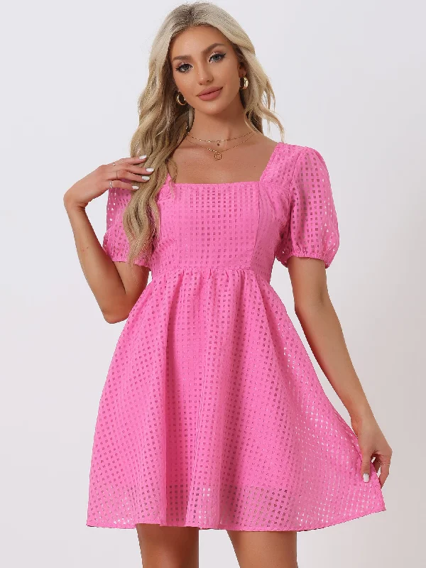 women's stylish dressesShort Puff Sleeve Square Neck Flowy Swing A-Line Party Mini Dress