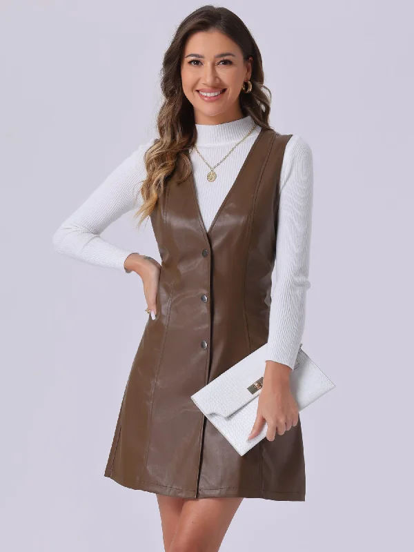 women's mother of the bride dressesFaux Leather Button Down V Neck Sleeveless Mini Overall Pinafore Dress