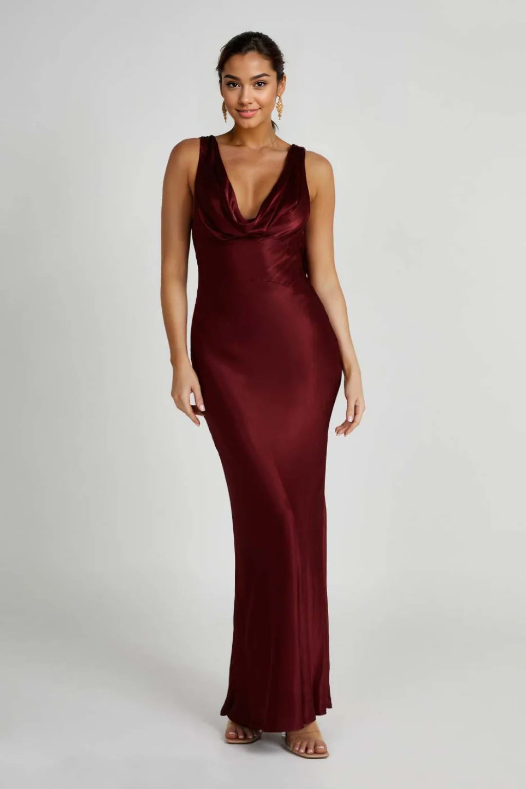 women's trendy dressesAngelique Satin Cowl Back Maxi Dress - Berry