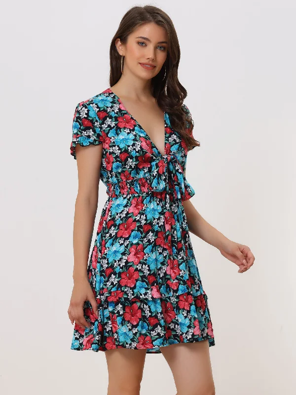 Casual DressFloral Deep V Neck Tie Knot Smocked Tiered Ruffle Mini Dress