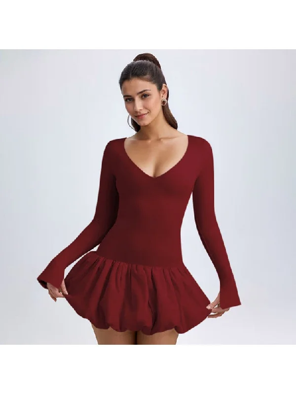 women's plus-size dressesSolid V Neck Fitted Bubble Mini Dress