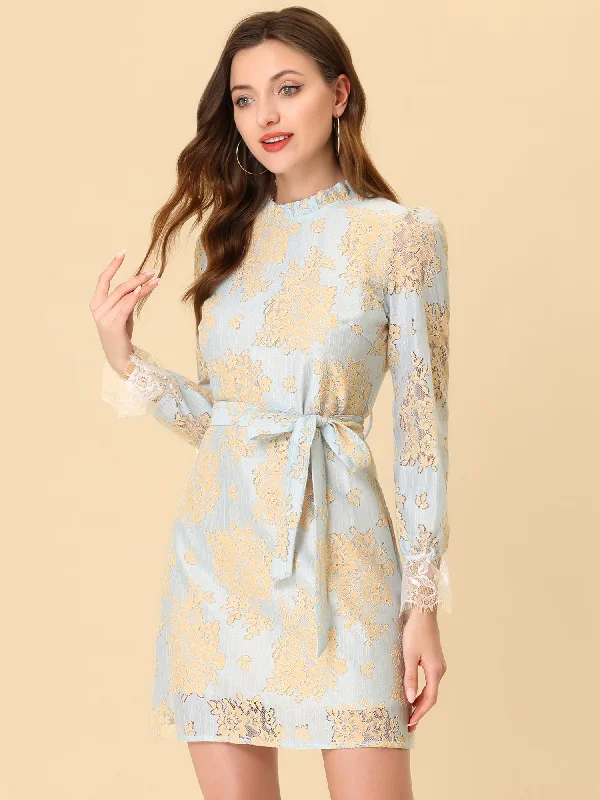 Peplum DressLace Floral Ruffle Crew Neck Cocktail Mini Dress