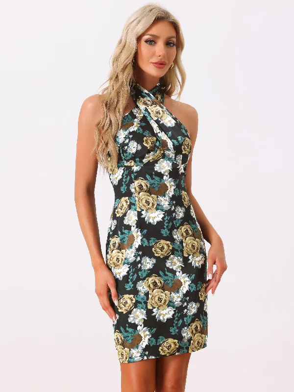 Long-Sleeve DressFloral Halter Neck Sleeveless Satin Mini Dress