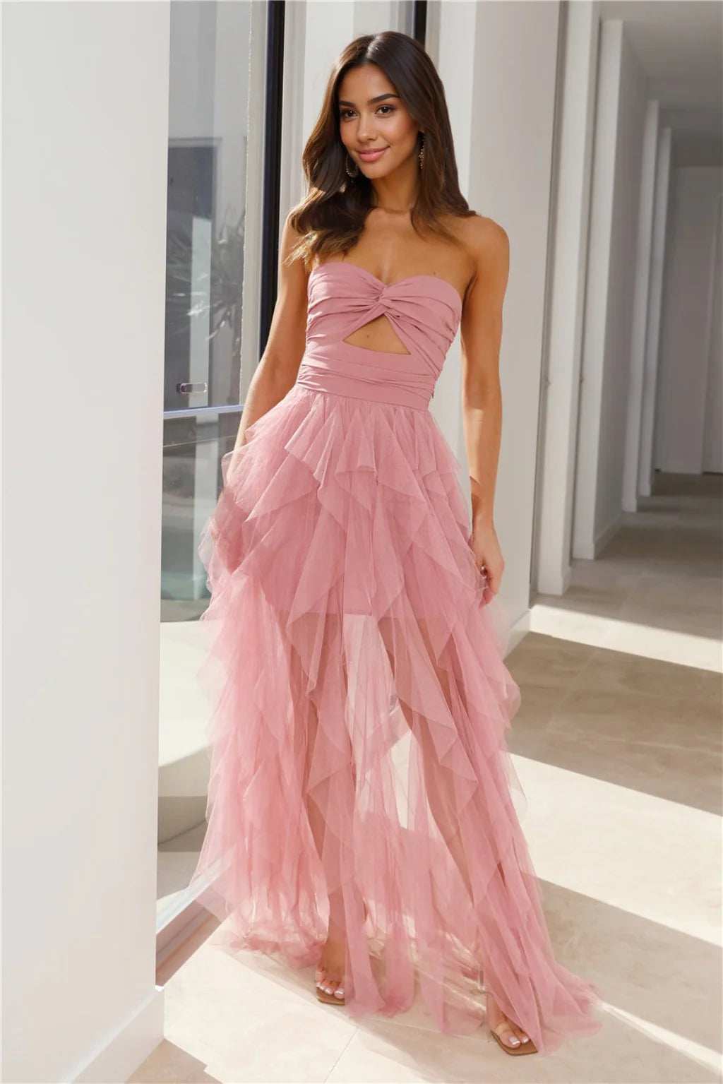 women's silk dressesIn Her Fairytale Tulle Strapless Maxi Dress Pink