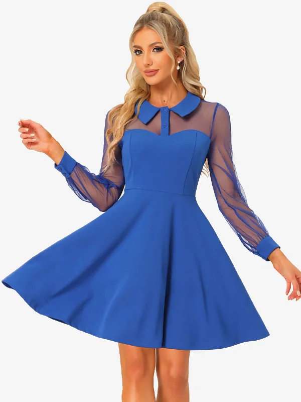 Sweetheart Neckline DressCocktail Party Sheer Mesh Panel Long Sleeve Mini A-Line Dress