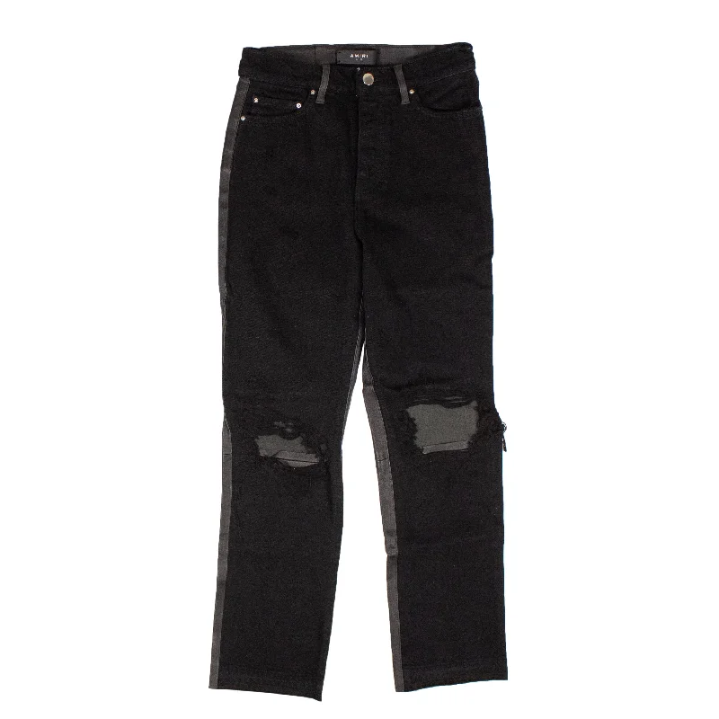 women's corduroy pantsBlack Cropped Straight Leather Denim Pants