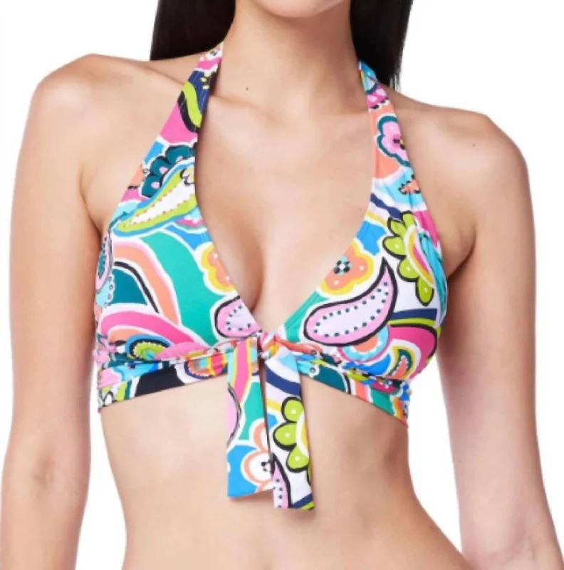 Glittery Female SwimwearGo For Bold Halter Tie Front Top In Green Multi