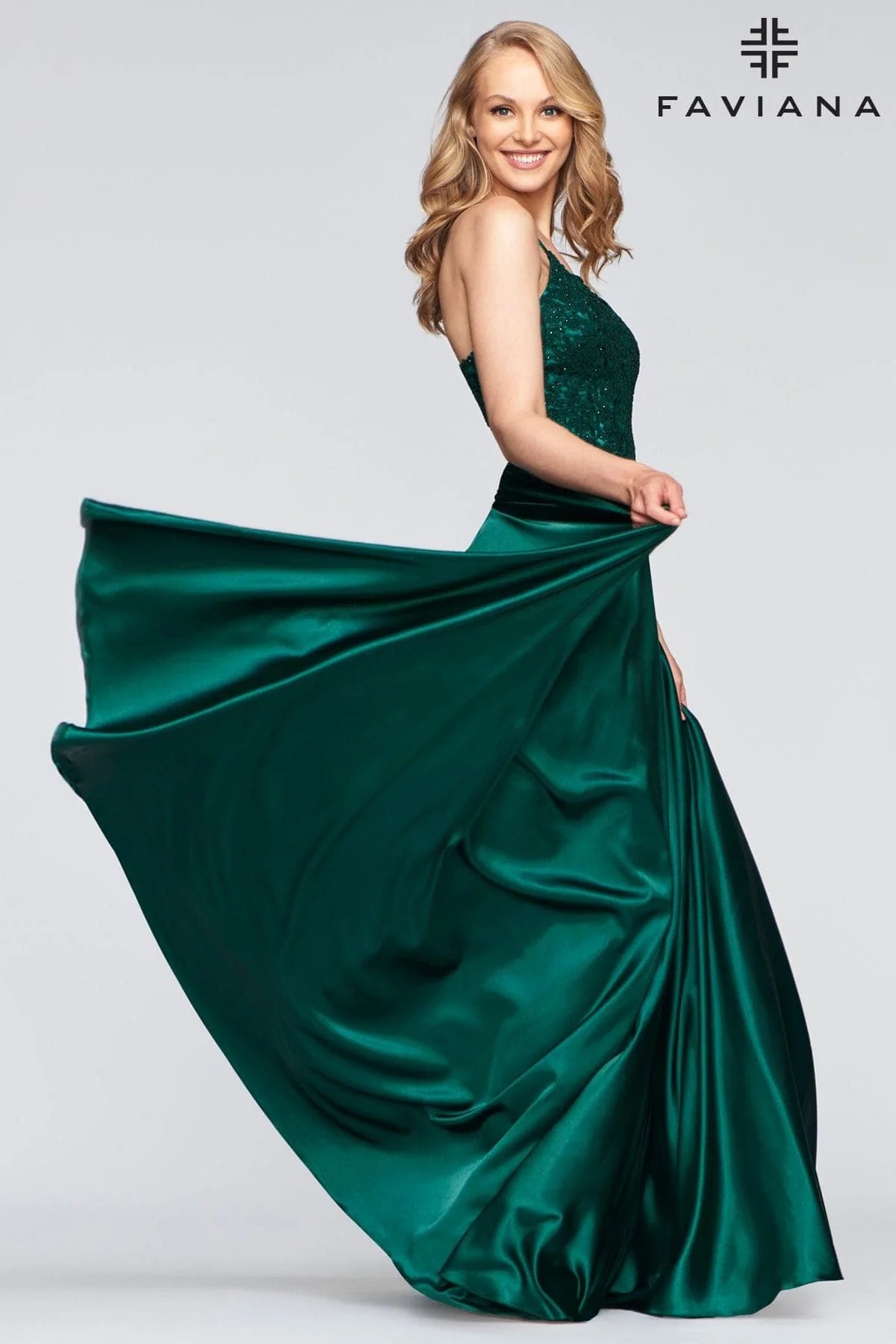 Cold-Shoulder DressFaviana 10400 Satin Beaded Gown With Lace Up Back | Emerald Green, Steel Blue