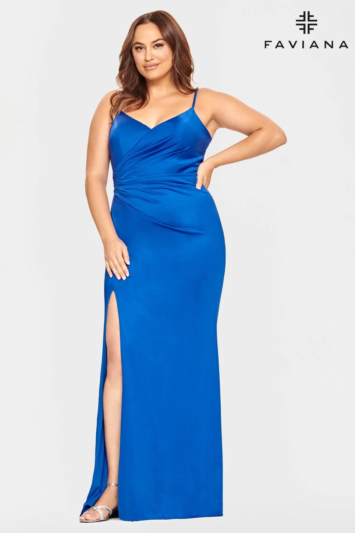 Animal Print DressFaviana 9530 Long Dress With V Neck And Shirring Detail Waist | Royal Blue, Black, Red