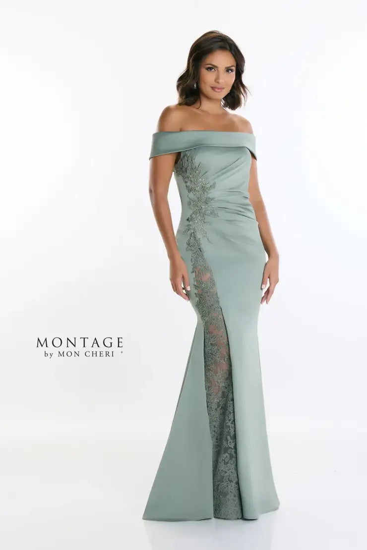 Casual DressMontage M535 Off Shoulder Side Beaded Gown | Sage