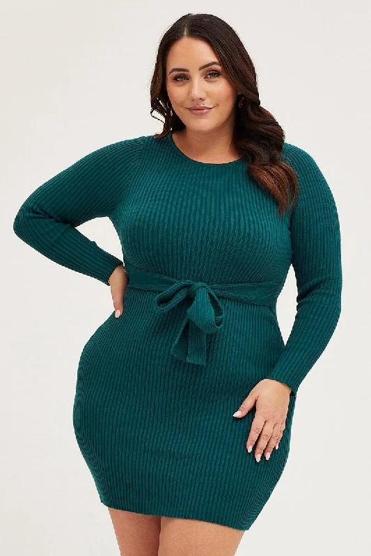 Ruffled Hem DressGreen Bodycon Dress Long Sleeve Knit Waist Tie