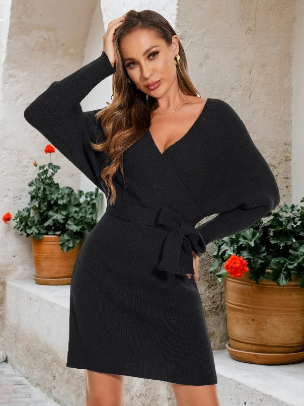 Statement DressV-Neck Wrap Long Dolman Sleeve Knit Bodycon Sweater Dress