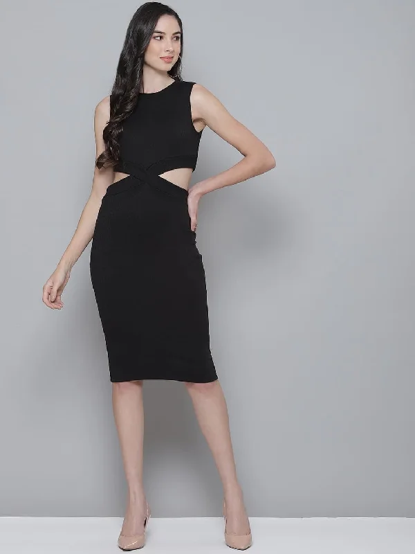 Floor-Length DressBlack Rib Side Cut-Out Bodycon Dress