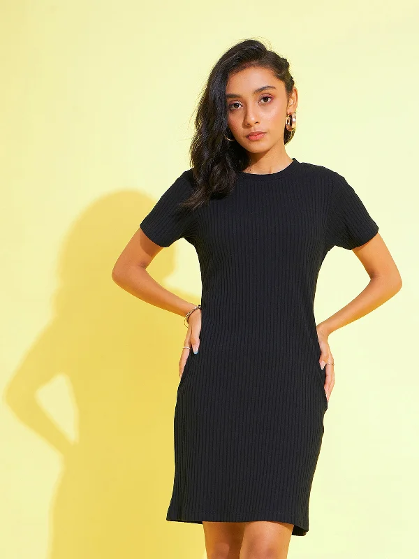 women's bespoke dressesGirls Black Rib Round Neck Bodycon Dress