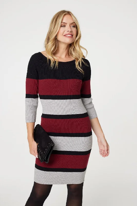 Ball Gown DressStriped 3/4 Sleeve Knit Bodycon Short Dress