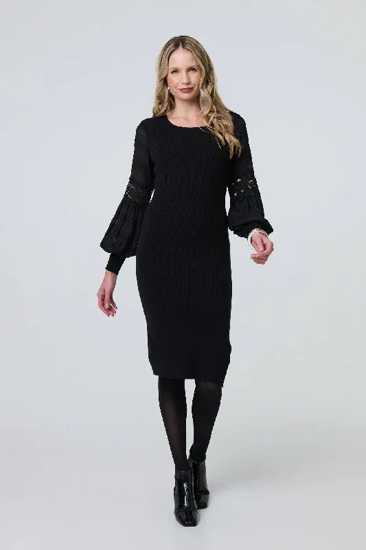 Fit-And-Flare DressLong Sheer Sleeve Bodycon Knit Dress