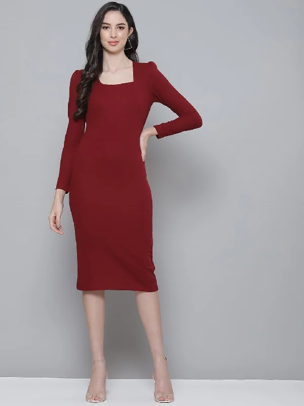 Cold-Shoulder DressMaroon Rib Puff Sleeves Square Neck Bodycon Dress