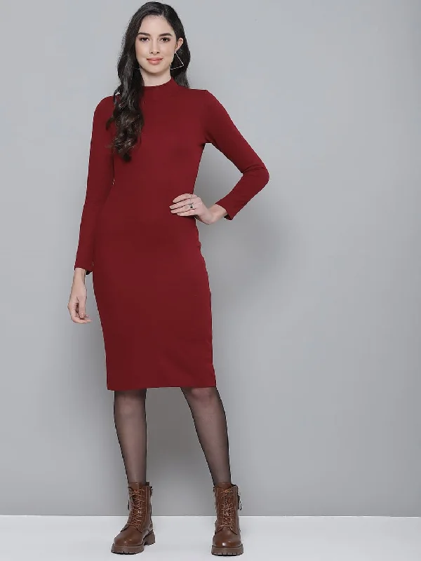 Peplum DressMaroon Rib Turtle Neck Zipped Bodycon Dress